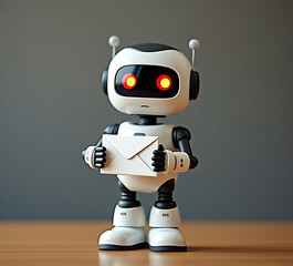 cute robot toy with envelope in hand. concept of virtual e mail marketing service, email database, newsletter, virtual help