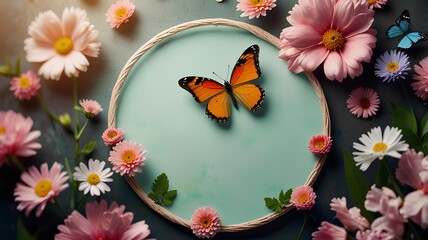 Wall Mural - spring flower and butterfly Greeting circle card design for holiday.