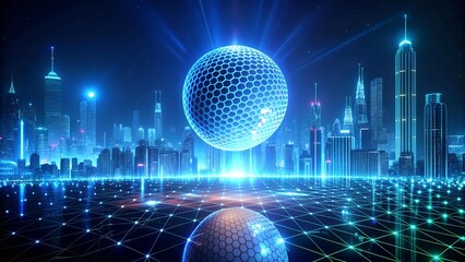 Wall Mural - Neon Wireframe Golfball in a Futuristic Cityscape  Generative AI