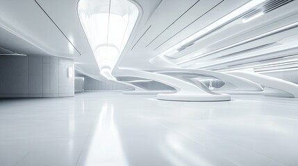 Poster - Futuristic white architecture with car park, empty white floor. concept of car sale, automobile, automotive empty space or area in showroom, shop or store. for product display 