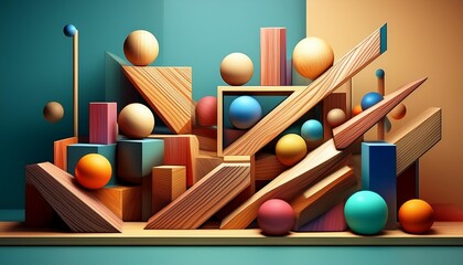 Generative AI abstract illustration of wooden colorful geometrical forms and shapes with cubes and spheres on different levels