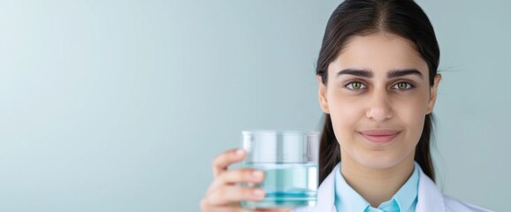 Wall Mural - a young female technician with water samples on clear white background, natural lighting