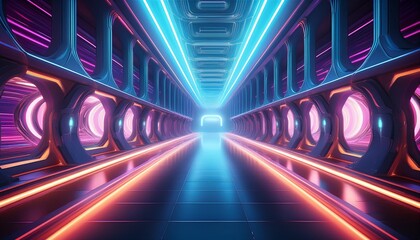 Generative AI illustration futuristic tunnel with neon lights glowing in modern building representing abstract background