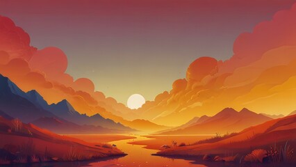 Poster - Majestic sunset over serene mountains and flowing river