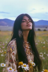 Wall Mural - A woman standing in a field of daisies with her eyes closed