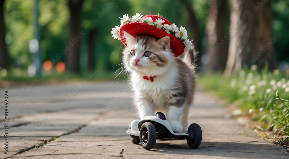 cute cat on a scooter, cute little kitten joyfully riding a vibrant ...