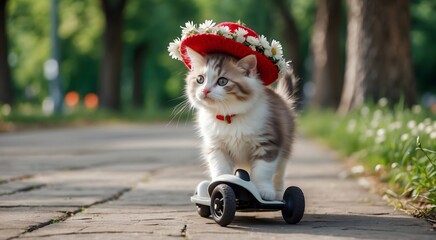  cute cat on a scooter, cute little kitten joyfully riding a vibrant scooter