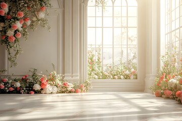 Background wedding luxurious white room with flowers and sunshine through the windown generate AI