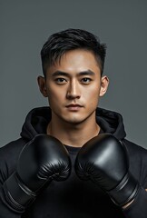 Wall Mural - A man in a black hoodie and boxing gloves poses for a picture