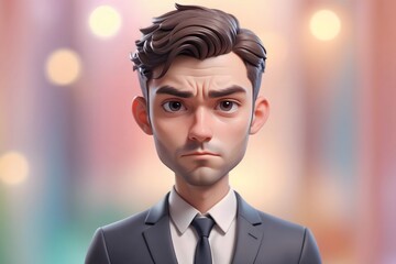 3D rendered cartoon man with a serious expression in a suit.