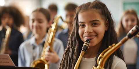 A girl with long hair is smiling and holding a saxophone. She is surrounded by other children who are also holding instruments. The scene appears to be a music class or a performance