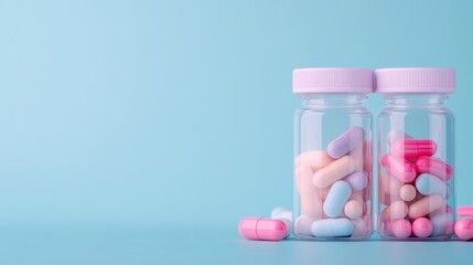 Two transparent jars filled with assorted colorful pills are displayed against a pastel blue background, representing medication and health supplements.