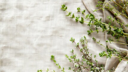 Wall Mural - Blooming thyme, lemon thyme plants on linen, healthy greens, blank space.