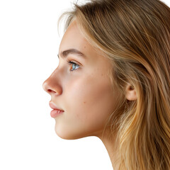 close-up profile side view of a beautiful blonde woman, isolated on transparent background