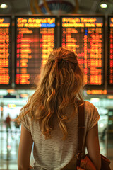 Sticker - Traveler Checking Flight Information at International Airport Display Board