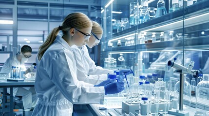 Scientist in a chemistry lab with flasks and other labware. Research and development concept for medical, biotechnology, molecular biology or chemistry research and development. Illustration.