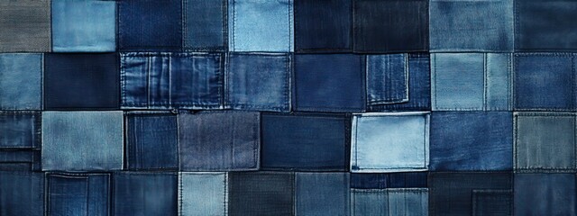 Wall Mural - patchwork denim textures pattern background. a creative use for recycled material. Fashion design	