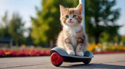 Wall Mural - funny cat on a scooter, sweet kitten riding a scooter with a smile