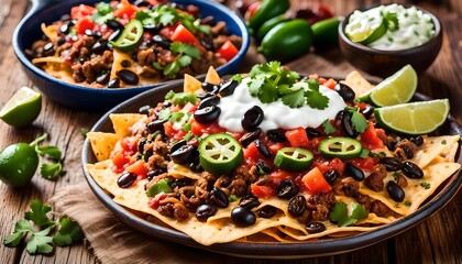 Wall Mural - Mexican nachos with sour cream, black olives, ground beef, black beans, tomatoes, shredded cheese, jalapenos, rice, and cilantro
