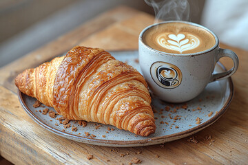 Delicious-looking croissants and warm cafe latte