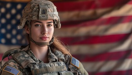 Canvas Print - A woman in a military uniform standing in front of an American flag