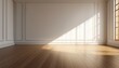 © Abele - Perspective of the sun light cast the shadow on white empty room and bright laminate wood floor,classic interior style.blank space architecture.3d rendering