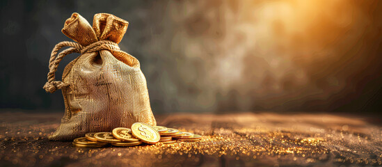 Poster - Financial Success Symbolized by Dollar Bag and Gold Ingot on Plain Background