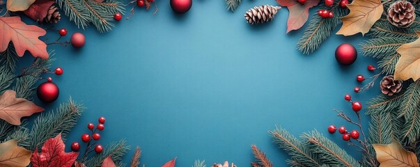 Thanksgiving border with fir branches and red decorations on blue background with berries.