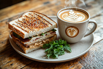 Golden brown sandwich and warm cafe latte