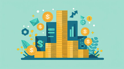 Wall Mural - Risky Investment Stack Flat Design Coins and Icons Conceptual Illustration