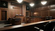 © Thanos - Empty Legal Courtroom with Wooden Desks and Black Leather Seating