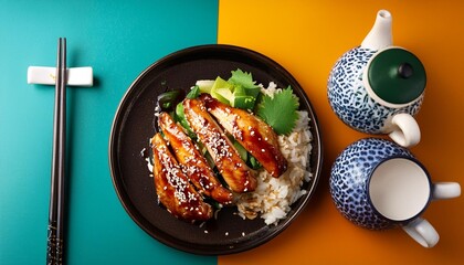 Wall Mural - Teriyaki chicken meal with tea set on colorful background