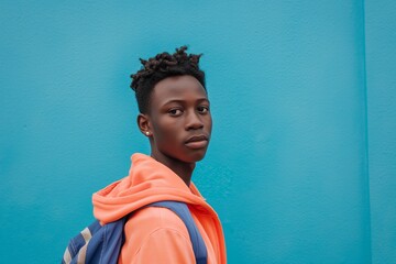 Wall Mural - A young man with dreadlocks and an orange hoodie is standing in front of a blue wall