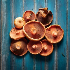 Top view heap of raw wild saffron milk cap or red pine mushrooms arranged on shabby wooden surface