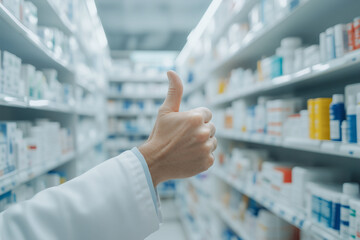 pharmacist  show thumb up hand recommending quality medicine and drugs in pharmacy. Focused on hand image of male caucasian chemist druggistshowing thumb up in camera in white medical coat in pharmacy