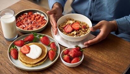 Wall Mural - Top view of crop person at table with bowl of granola and yoghurt and homemade pancakes with strawberries served for delicious breakfast in morning