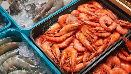 Wall Mural - Top view of plastic boxes with cool fresh shrimps placed on stall in grocery store