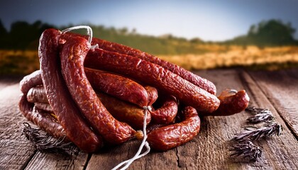 Wall Mural - Traditional cured sausages on rustic wooden background