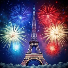 Representation of the Eiffel Tower, symbol of Paris, isolated on dark background with fireworks. 3D rendered illustration
