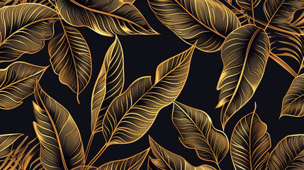 Wall Mural - Banana leaf pattern using a golden outline with a black background.