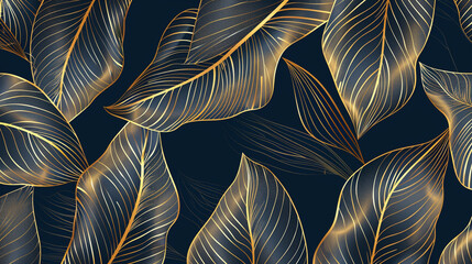 Wall Mural - Banana leaf pattern using a golden outline with a black background.