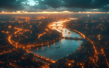 Twilight Aerial Perspective of City with Glowing River and City Lights