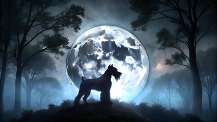 Wall Mural - Spooky Shadow Play: A Miniature Schnauzer Silhouette Against a Full Moon  AI Generated