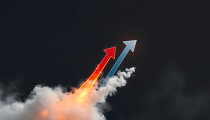 Abstract dynamic arrows taking off in a cloud of smoke. Business success, development and progress, moving forward concept isolated with white highlights, png