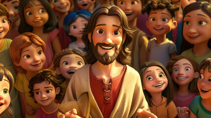 Poster - Jesus smiling and holding open the Bible, standing in front of a happy group of children with different skin tones, all wearing white robes