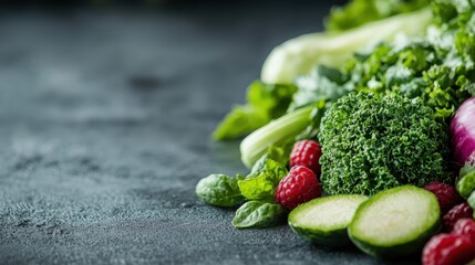 A colorful assortment of fresh green vegetables and fruits arranged on a table, including broccoli, kale, cucumbers, raspberries, and leafy greens, promoting healthy eating.