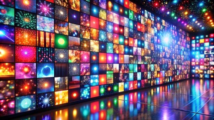 Wall Mural - a mesmerizing digital wall composed of countless streaming services, each emanating a distinct color