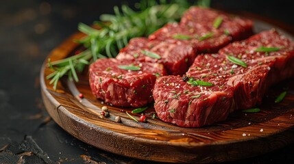 Sticker - Several parts of meat on a wooden plate, raw meat for steak