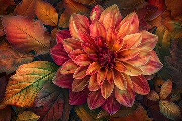 Poster - Stunning dahlia flower blooms, surrounded by richly colored fall foliage