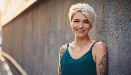 Young blond pretty smiling girl beauty female model with short hair.